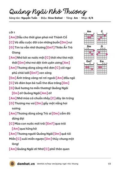 Hợp âm Quảng Ngãi Nhớ Thương (Hồ Quỳnh Hương) – bản nhạc PDF trang 1, tông Am