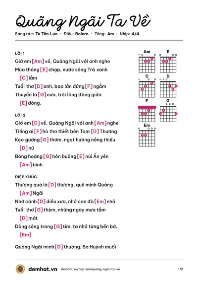 Hợp âm Quãng Ngãi Ta Về (Dương Ngọc Thái) – bản nhạc PDF trang 1, tông Am