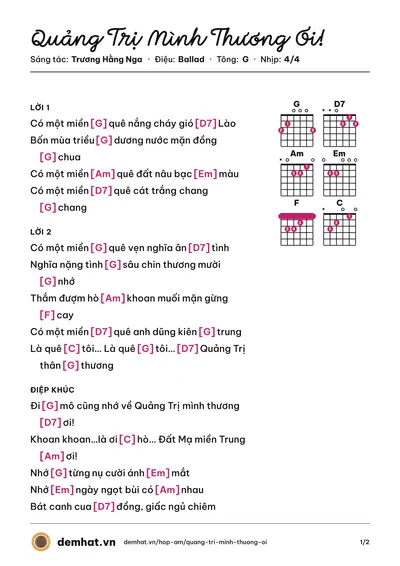 Hợp âm Quảng Trị Mình Thương Ơi! (Quốc Nam) – bản nhạc PDF trang 1, tông G
