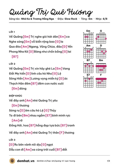 Hợp âm Quảng Trị Quê Hương (Minh Thi) – bản nhạc PDF trang 1, tông Em