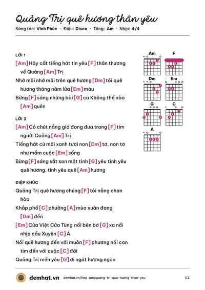 Hợp âm Quảng Trị quê hương thân yêu (Vĩnh Phúc) – bản nhạc PDF trang 1, tông Am