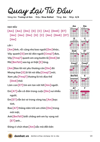 Hợp âm Quay Lại Từ Đầu (Lệ Quyên) – bản nhạc PDF trang 1, tông Am