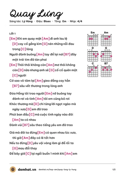 Hợp âm Quay Lưng (Thành Đạt) – bản nhạc PDF trang 1, tông Em