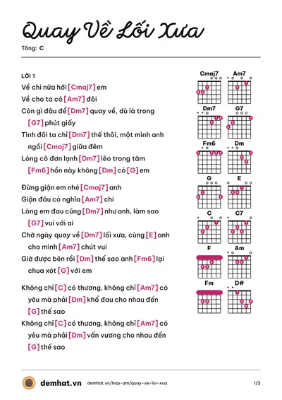 Hợp âm Quay Về Lối Xưa (Mỹ Tâm) – bản nhạc PDF trang 1, tông C