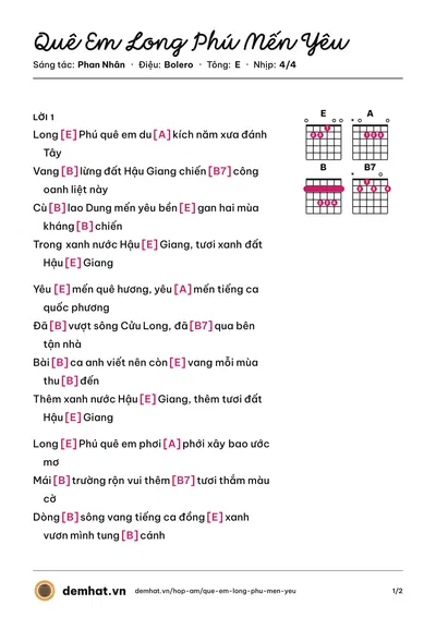 Hợp âm Quê Em Long Phú Mến Yêu (Mắt Ngọc) – bản nhạc PDF trang 1, tông E