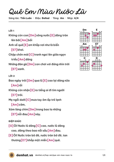 Hợp âm Quê Em Mùa Nước Lũ (Hương Lan) – bản nhạc PDF trang 1, tông Am