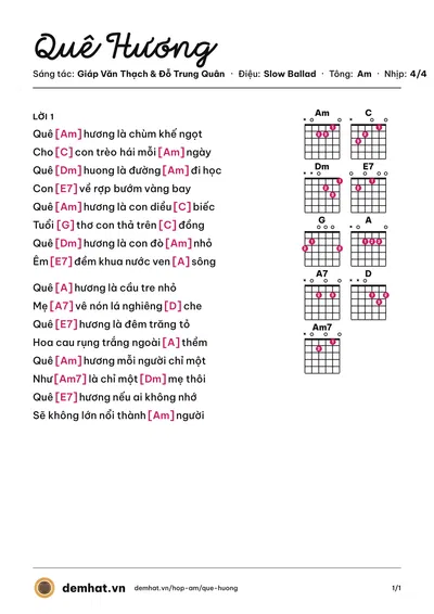 Hợp âm Quê Hương (Quang Dũng) – bản nhạc PDF trang 1, tông Am