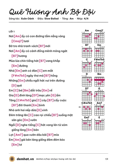 Hợp âm Quê Hương Anh Bộ Đội (Quân Keyboard) – bản nhạc PDF trang 1, tông Am