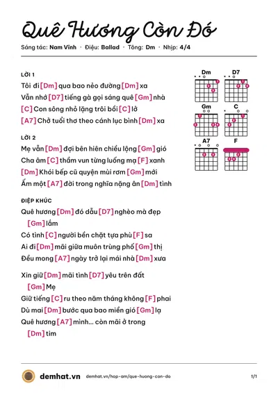 Hợp âm Quê Hương Còn Đó (Tuấn Khoa) – bản nhạc PDF trang 1, tông Dm