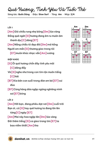 Hợp âm Quê Hương, Tình Yêu Và Tuổi Trẻ (AC&M) – bản nhạc PDF trang 1, tông Am