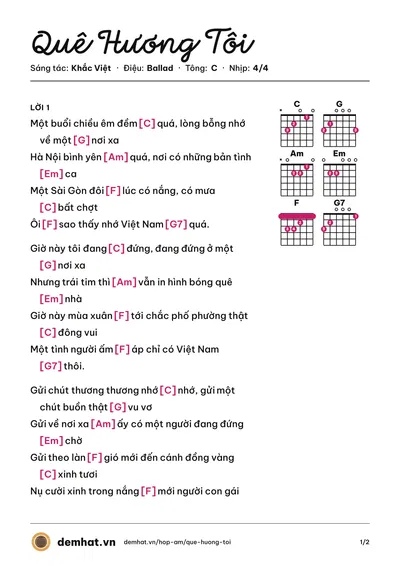 Hợp âm Quê Hương Tôi (VMusic) – bản nhạc PDF trang 1, tông C