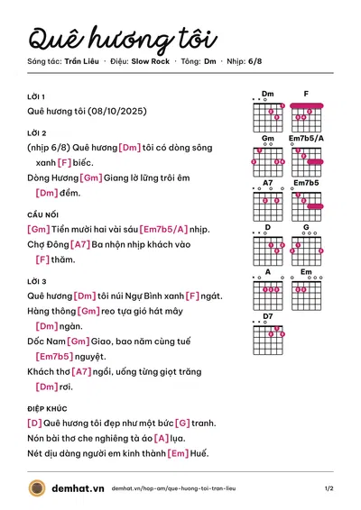 Hợp âm Quê hương tôi (Anh Kim) – bản nhạc PDF trang 1, tông Dm