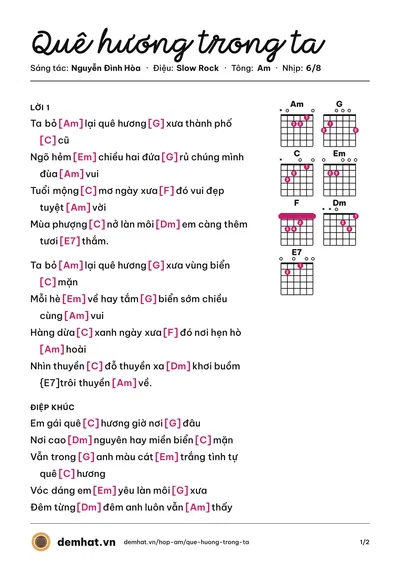 Hợp âm Quê hương trong ta (Diệu Hiền) – bản nhạc PDF trang 1, tông Am