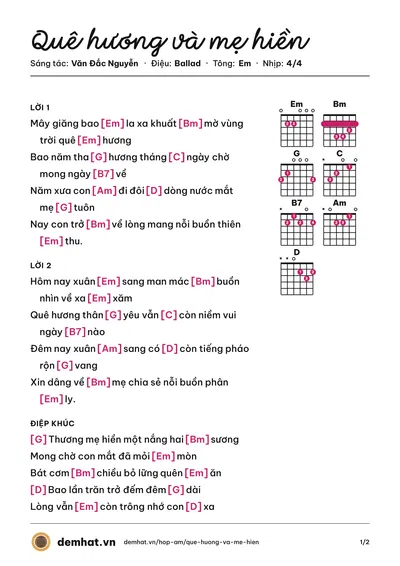 Hợp âm Quê hương và mẹ hiền (Tâm Đoan) – bản nhạc PDF trang 1, tông Em