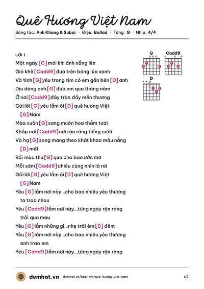Hợp âm Quê Hương Việt Nam (Anh Khang) – bản nhạc PDF trang 1, tông G