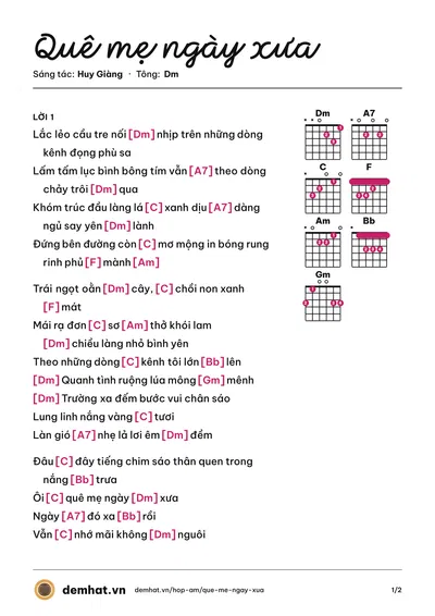 Hợp âm Quê mẹ ngày xưa (Huy Giàng) – bản nhạc PDF trang 1, tông Dm