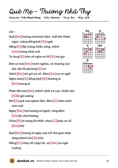 Hợp âm Quê Mẹ - Trương Nhã Thy (Trương Nhã Thy) – bản nhạc PDF trang 1, tông Em