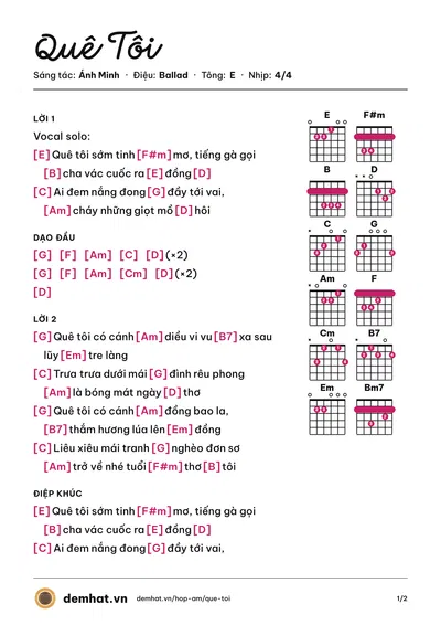 Hợp âm Quê Tôi (Thùy Chi) – bản nhạc PDF trang 1, tông E