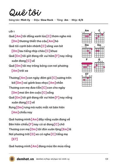 Hợp âm Quê tôi (Diễm Sương) – bản nhạc PDF trang 1, tông Am