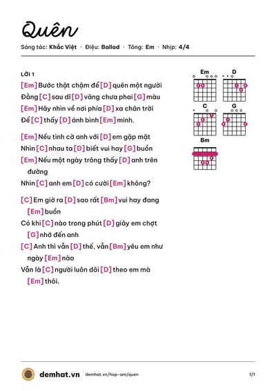 Hợp âm Quên (Khắc Việt) – bản nhạc PDF trang 1, tông Em