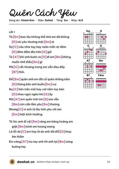 Hợp âm Quên Cách Yêu (Lương Bích Hữu) – bản nhạc PDF trang 1, tông Em