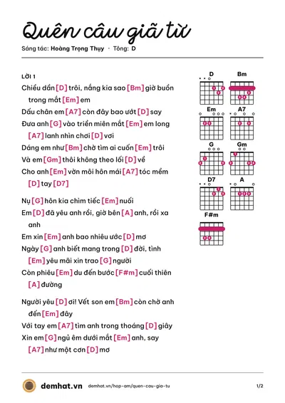 Hợp âm Quên câu giã từ (Hoàng Trọng Thụy) – bản nhạc PDF trang 1, tông D