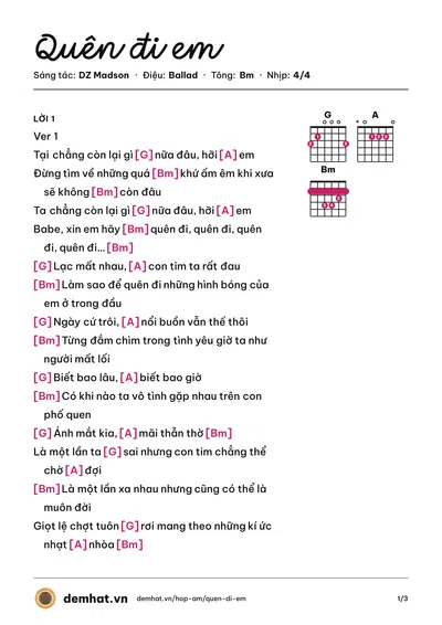 Hợp âm Quên đi em (DZ Madson) – bản nhạc PDF trang 1, tông Bm