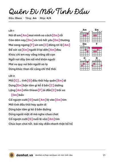 Hợp âm Quên Đi Mối Tình Đầu (Lâm Chấn Huy) – bản nhạc PDF trang 1, tông Am