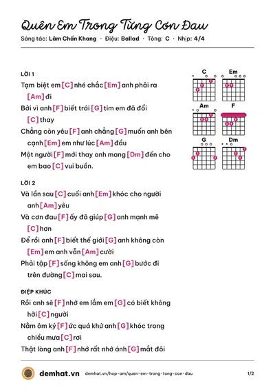Hợp âm Quên Em Trong Từng Cơn Đau (Kim Jun See) – bản nhạc PDF trang 1, tông C