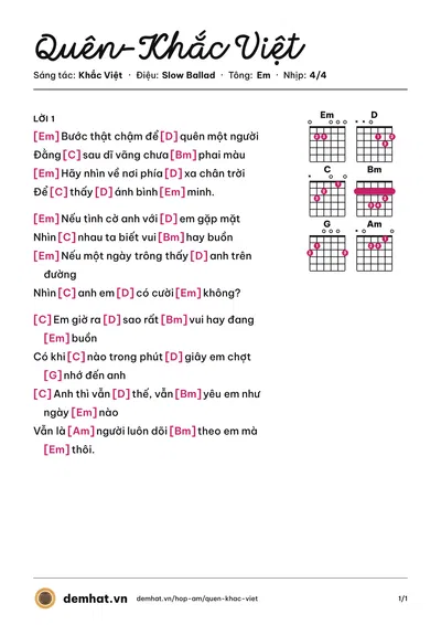 Hợp âm Quên-Khắc Việt (Khắc Việt) – bản nhạc PDF trang 1, tông Em