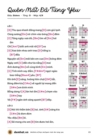 Hợp âm Quên Mất Đã Từng Yêu (Đông Nhi) – bản nhạc PDF trang 1, tông G