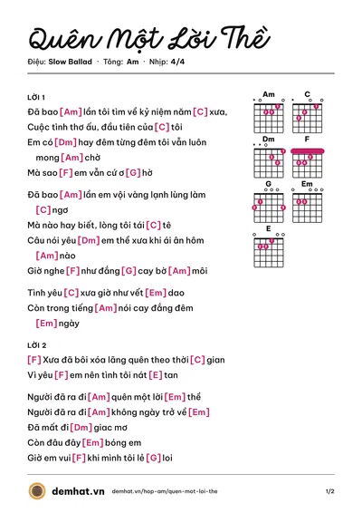 Hợp âm Quên Một Lời Thề (Nguyễn Thắng) – bản nhạc PDF trang 1, tông Am