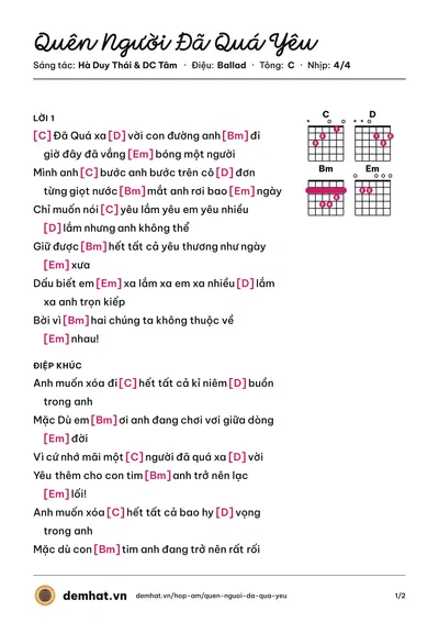 Hợp âm Quên Người Đã Quá Yêu (Hà Duy Thái) – bản nhạc PDF trang 1, tông C