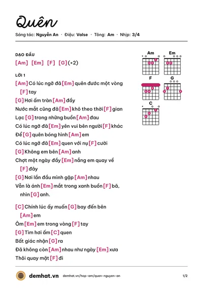 Hợp âm Quên (Nguyễn An) – bản nhạc PDF trang 1, tông Am