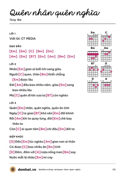 Hợp âm Quên nhân quên nghĩa (Ngọc Ánh Sáng) – bản nhạc PDF trang 1, tông Em