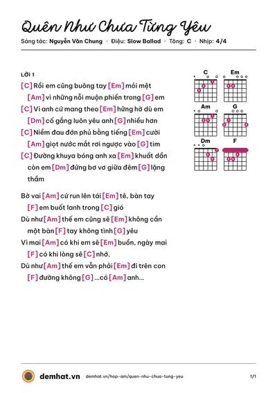 Hợp âm Quên Như Chưa Từng Yêu (Mắt Ngọc) – bản nhạc PDF trang 1, tông C