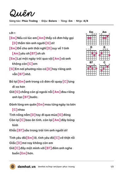 Hợp âm Quên (Noo Phước Thịnh) – bản nhạc PDF trang 1, tông Em