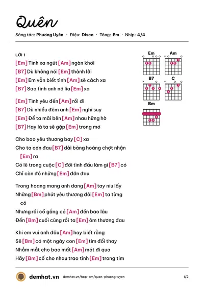 Hợp âm Quên (Vũ Thảo My) – bản nhạc PDF trang 1, tông Em