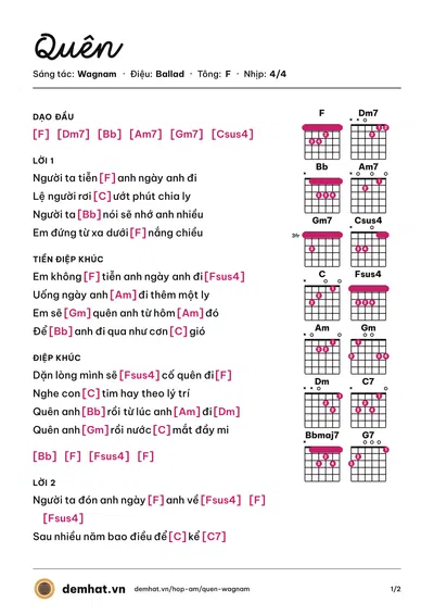 Hợp âm Quên (Ái) – bản nhạc PDF trang 1, tông F