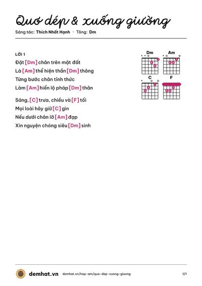 Hợp âm Quơ dép & xuống giường (Khắc Dũng) – bản nhạc PDF trang 1, tông Dm