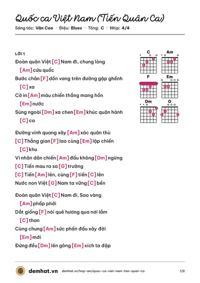 Hợp âm Quốc ca Việt Nam (Tiến Quân Ca) (Tốp Ca) – bản nhạc PDF trang 1, tông C