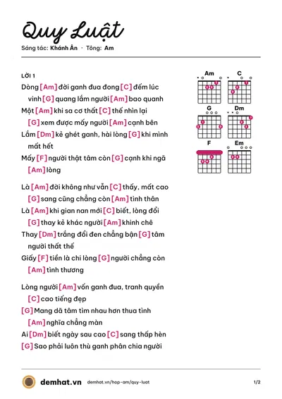 Hợp âm Quy Luật (Hana Cẩm Tiên) – bản nhạc PDF trang 1, tông Am