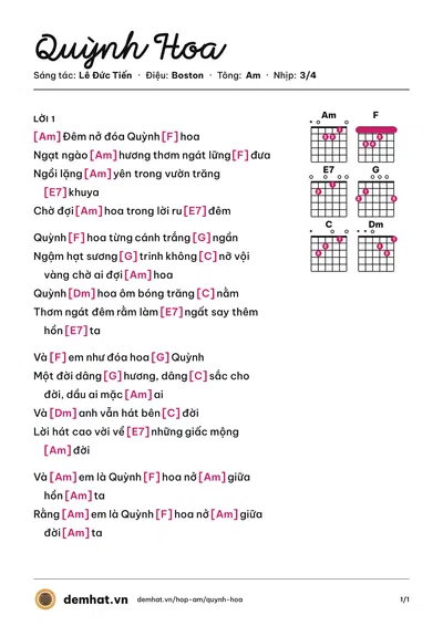 Hợp âm Quỳnh Hoa (Thi Lộc) – bản nhạc PDF trang 1, tông Am