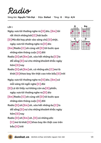 Hợp âm Radio (Nguyễn Tiến Đạt) – bản nhạc PDF trang 1, tông G