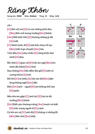 Hợp âm Răng Khôn (Phí Phương Anh) – bản nhạc PDF trang 1, tông G