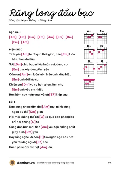 Hợp âm Răng long đầu bạc (Khả Quân) – bản nhạc PDF trang 1, tông Am