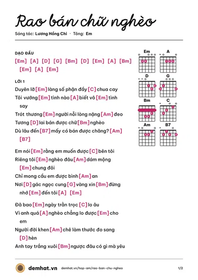 Hợp âm Rao bán chữ nghèo (Văn Hương) – bản nhạc PDF trang 1, tông Em