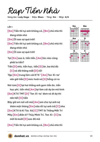 Hợp âm Rap Tiền Nhà (Trấn Thành) – bản nhạc PDF trang 1, tông Em