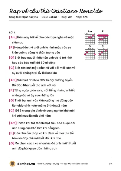 Hợp âm Rap về cầu thủ Cristiano Ronaldo (Mạnh hakyno) – bản nhạc PDF trang 1, tông Am