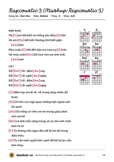 Hợp âm Rapcoustic 3 (Mashup Rapcoustic 3) (Đen Vâu) – bản nhạc PDF trang 1, tông C